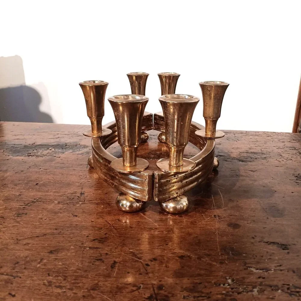 Pair of Vintage Dirilyte Model 915 Curved Brass Candelabras Art Deco MCM Gold